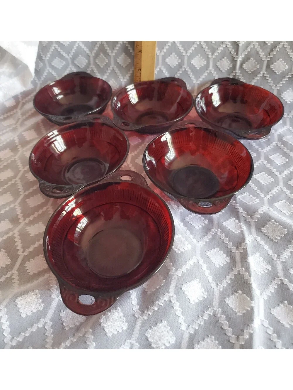 6 Anchor Hocking Ruby Red Coranation Pattern Bowls